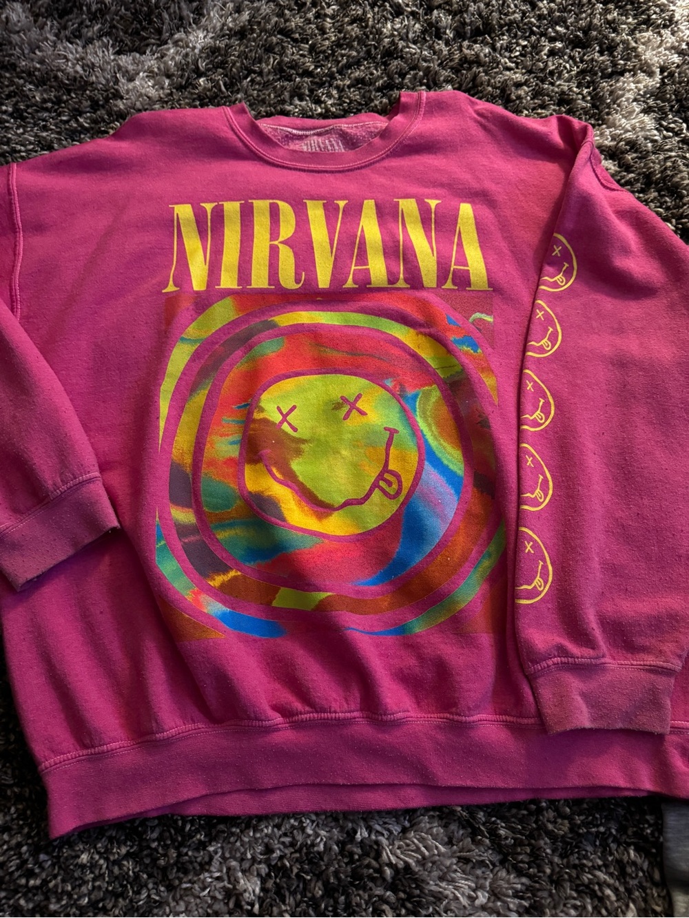 NIRVANA Hot Pink Crewneck with Yellow Logo - S/M -Urban Outfitters